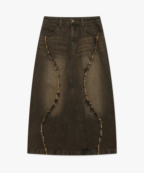 WM CURVED RAW EDGE DENIM MAXI SKIRT brown