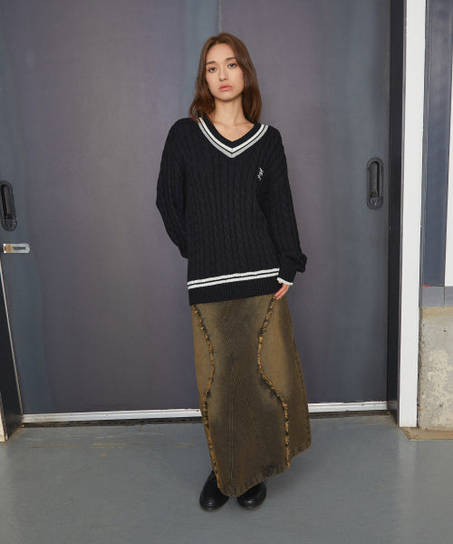 WM CURVED RAW EDGE DENIM MAXI SKIRT brown