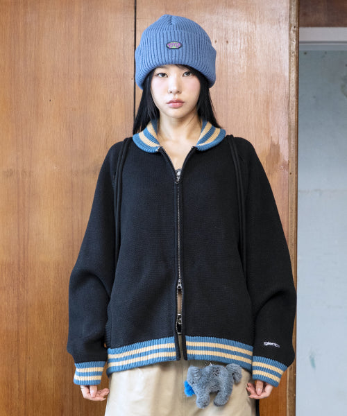 GNT072 Stripe Lip Pharaoh Knit Zip-Up (BLACK)