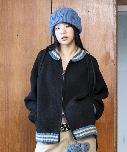 GNT072 Stripe Lip Pharaoh Knit Zip-Up (BLACK)
