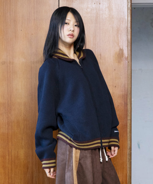 GNT072 Stripe Lip Pharaoh Knit Zip Up (NAVY)