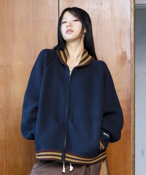 GNT072 Stripe Lip Pharaoh Knit Zip Up (NAVY)