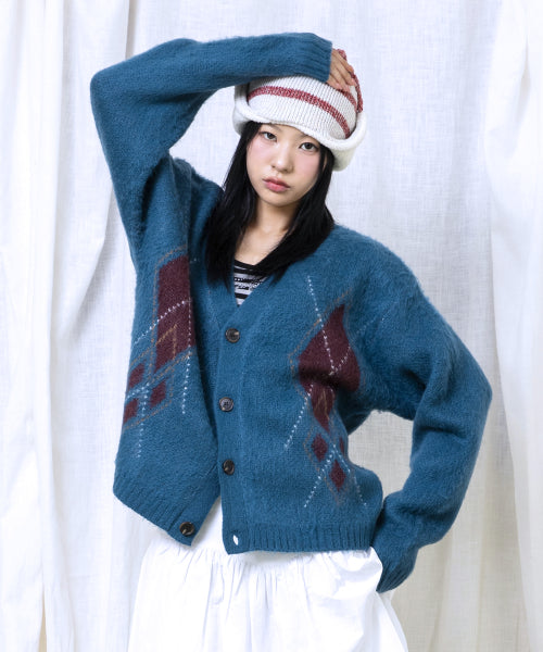 GNT075 Vintage Argyle Knit Cardigan (BLUE GREEN)