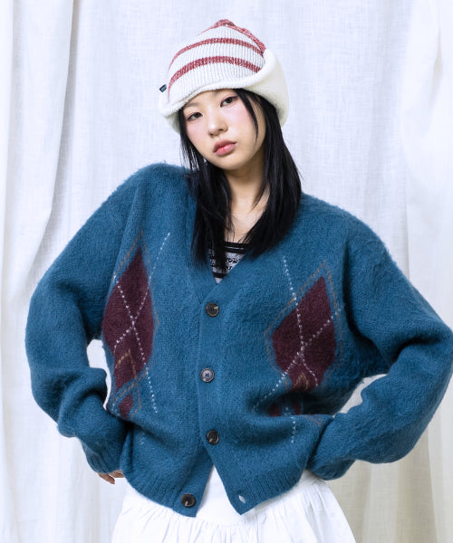 GNT075 Vintage Argyle Knit Cardigan (BLUE GREEN)