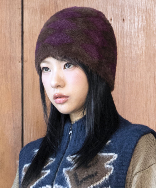 GC076 DIA Checker Hairdresser Knit Beanie (BROWN)