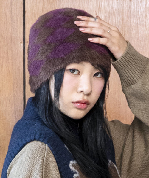 GC076 DIA Checker Hairdresser Knit Beanie (BROWN)