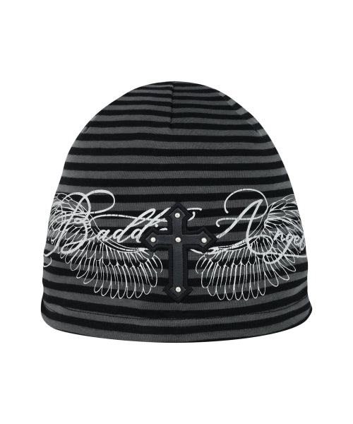 BADDIE ANGEL CROSS BEANIE_BLACK STRIPE