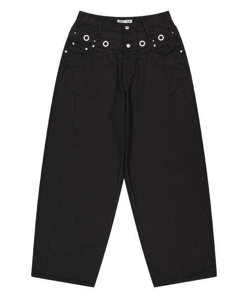 EYELET DOUBLE WAIST PANTS_BLACK