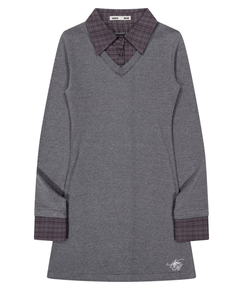 LAYERED CHECK SHIRT DRESS_MELANGE GREY