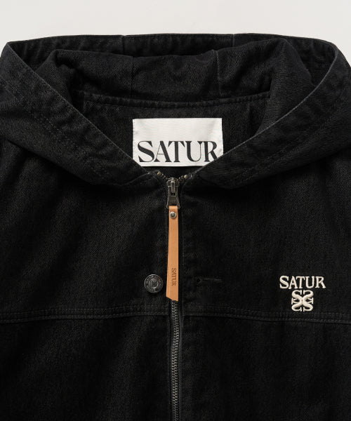 Velvet Denim Padded Hood Zip-up Black
