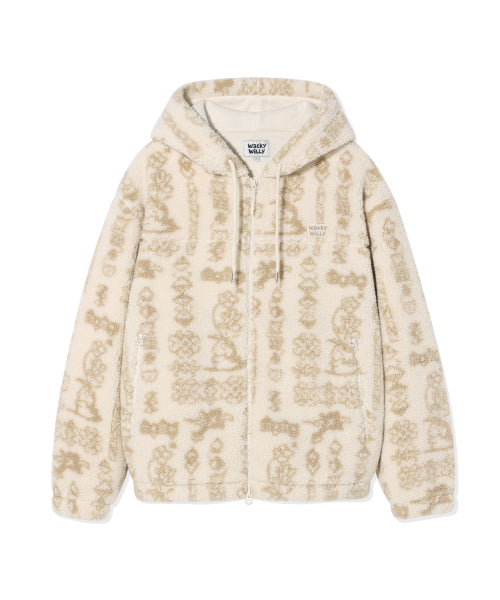 fleece pattern hooded jumper cream