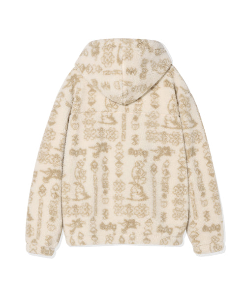 fleece pattern hooded jumper cream