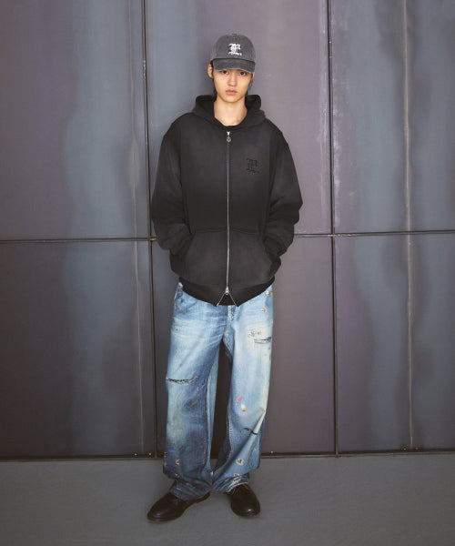 GOTHIC WASHED ZIP-UP HOODIE black