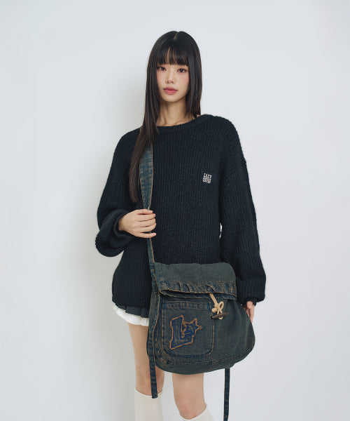Hair Ornament Heart Embroidery Pullover Knit BLACK