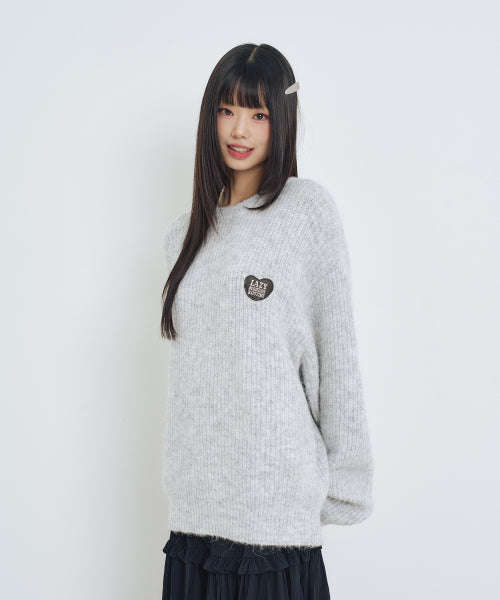 Hair Ornament Heart Embroidered Pullover Knit LIGHT GREY
