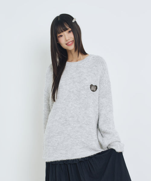 Hair Ornament Heart Embroidered Pullover Knit LIGHT GREY