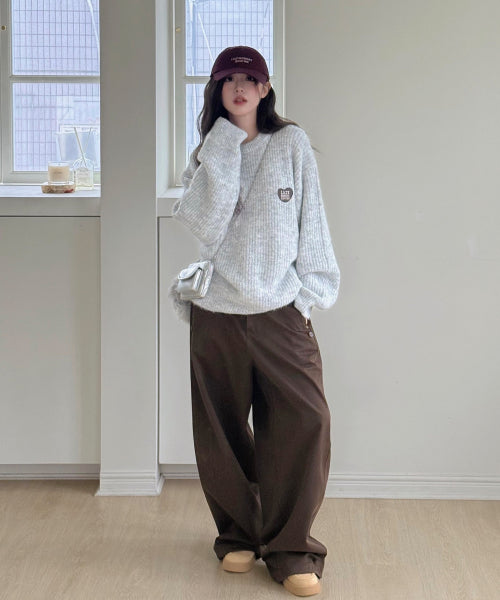 Hair Ornament Heart Embroidered Pullover Knit LIGHT GREY