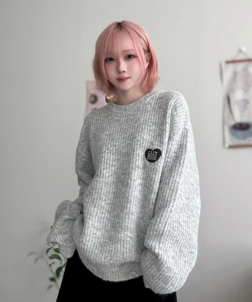 Hair Ornament Heart Embroidered Pullover Knit LIGHT GREY