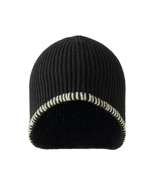 Contrast Stitch Earflap Knit Beanie - BLACK