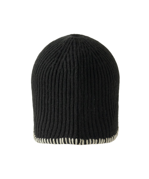 Contrast Stitch Earflap Knit Beanie - BLACK