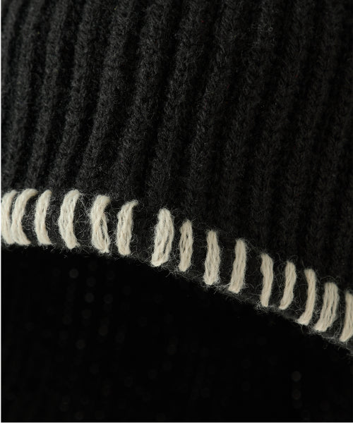 Contrast Stitch Earflap Knit Beanie - BLACK
