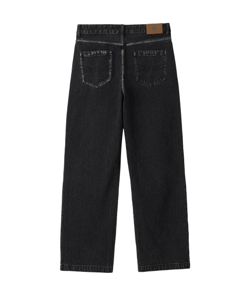 Grain Curved Seam Washed Denim Pants - BLACK