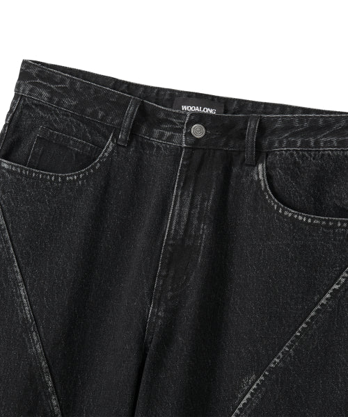 Grain Curved Seam Washed Denim Pants - BLACK