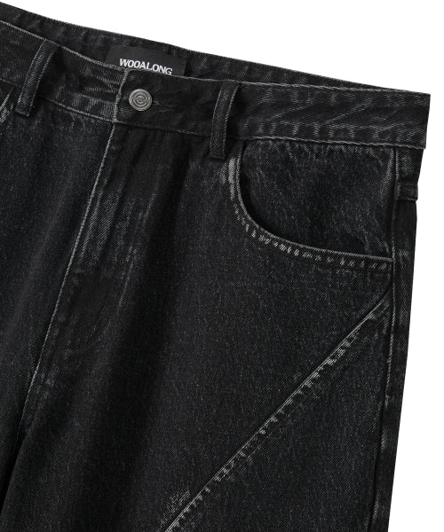 Grain Curved Seam Washed Denim Pants - BLACK