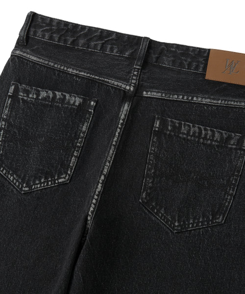 Grain Curved Seam Washed Denim Pants - BLACK