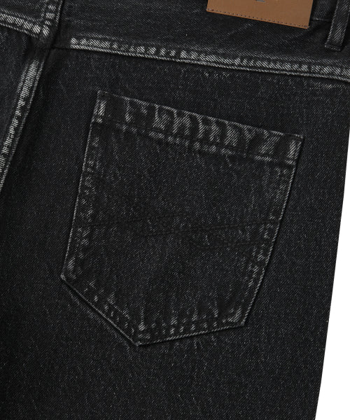 Grain Curved Seam Washed Denim Pants - BLACK
