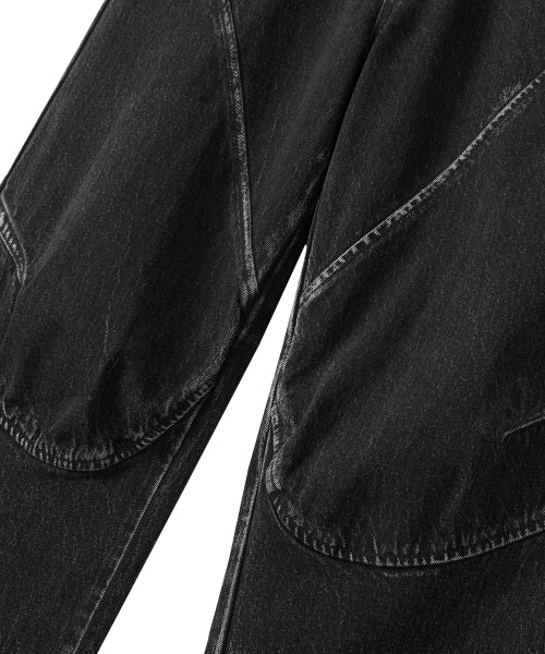 Grain Curved Seam Washed Denim Pants - BLACK