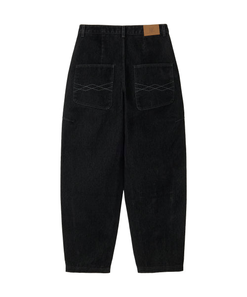 Velvet Stitch Curve Balloon Wide Denim Pants - BLACK