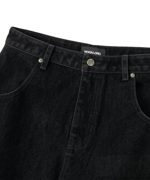 Velvet Stitch Curve Balloon Wide Denim Pants - BLACK