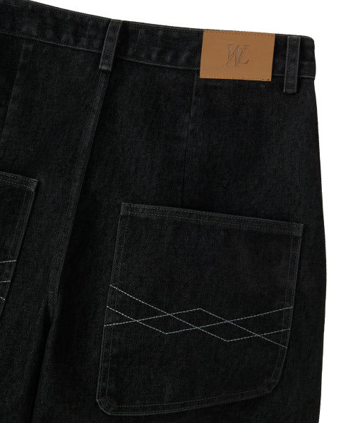 Velvet Stitch Curve Balloon Wide Denim Pants - BLACK