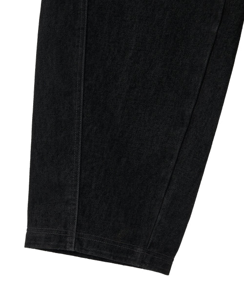 Velvet Stitch Curve Balloon Wide Denim Pants - BLACK