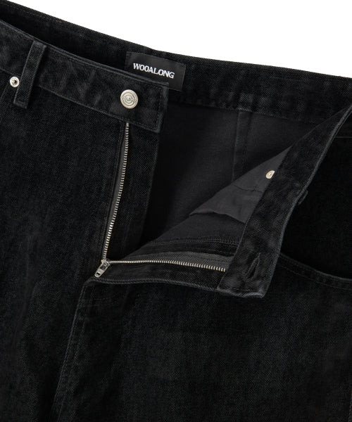 Velvet Stitch Curve Balloon Wide Denim Pants - BLACK