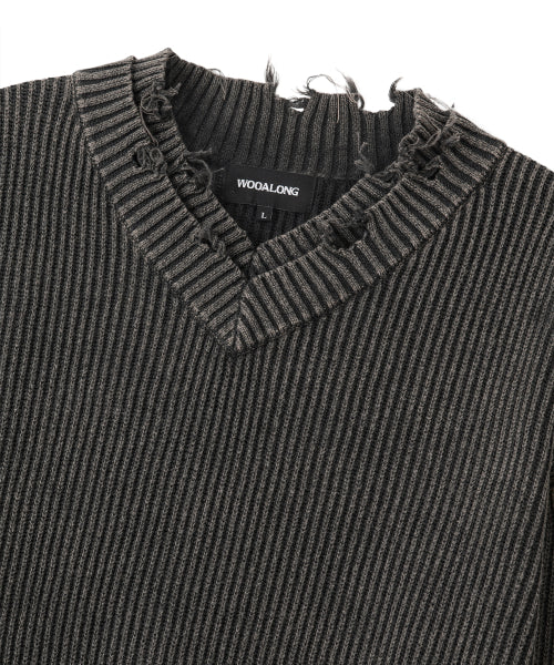 Vintage Damage V-Neck Loose Knit - CHARCOAL