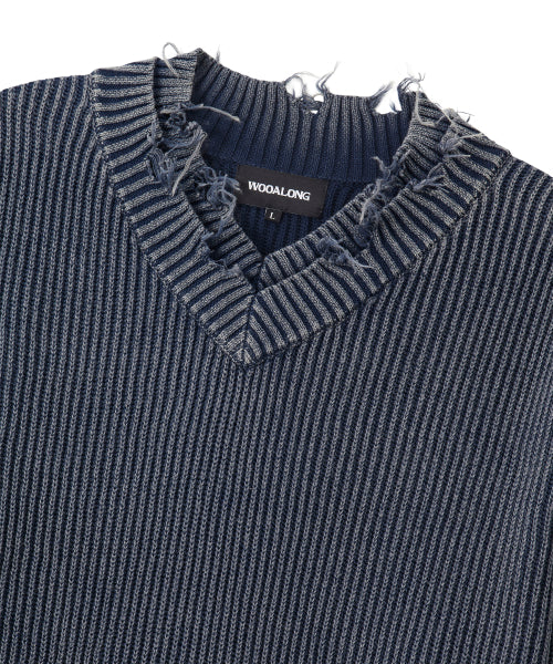 Vintage Damage V-Neck Loose Knit - NAVY