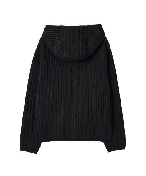 Rib Knit Hoodie Zip-Up - BLACK