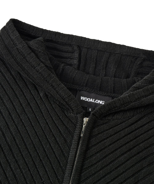 Rib Knit Hoodie Zip-Up - BLACK