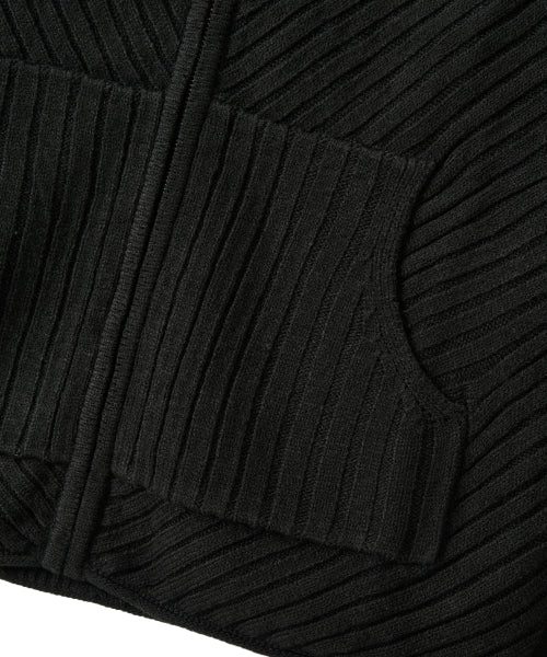 Rib Knit Hoodie Zip-Up - BLACK