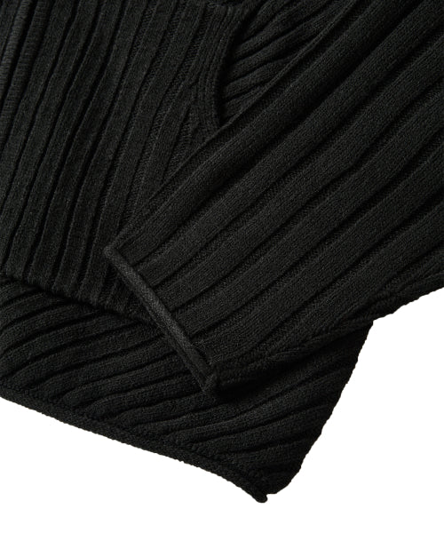 Rib Knit Hoodie Zip-Up - BLACK