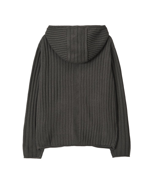 Rib Knit Hoodie Zip-Up - CHARCOAL