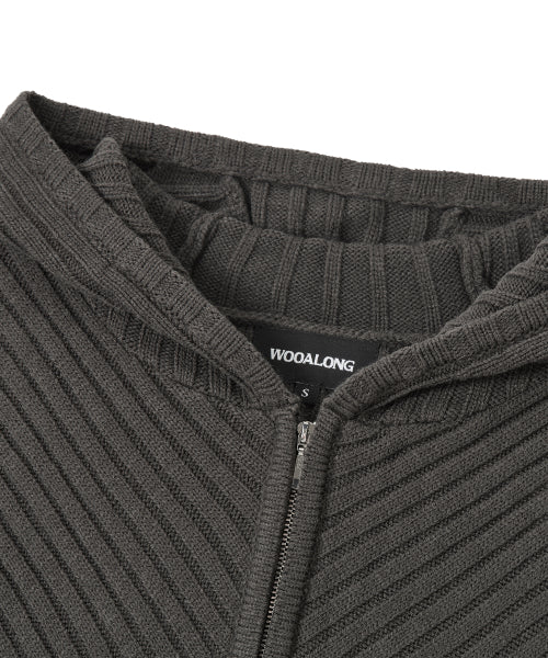Rib Knit Hoodie Zip-Up - CHARCOAL
