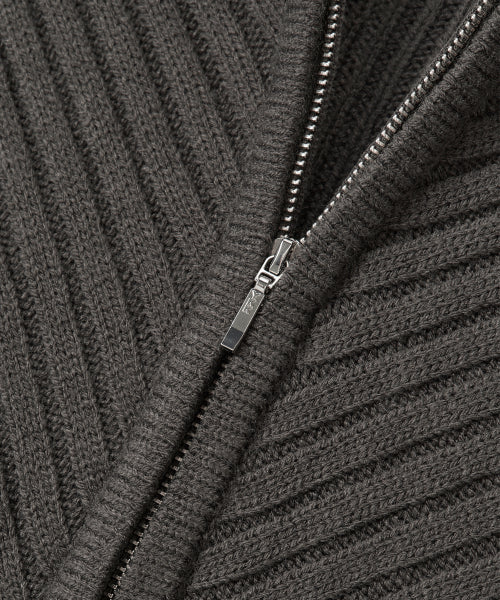 Rib Knit Hoodie Zip-Up - CHARCOAL