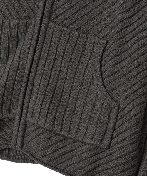 Rib Knit Hoodie Zip-Up - CHARCOAL
