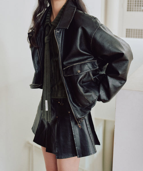Sandy Leather Pleated Skirt [BLACK]