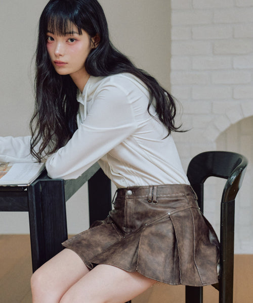 Sandy Leather Pleated Skirt [BROWN]