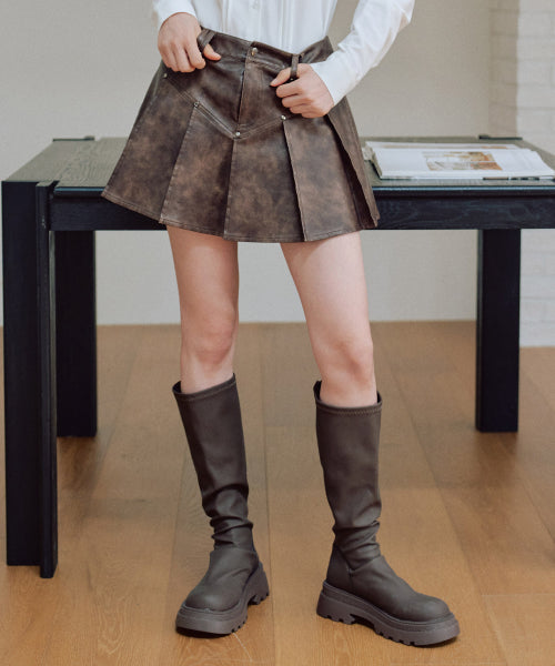 Sandy Leather Pleated Skirt [BROWN]