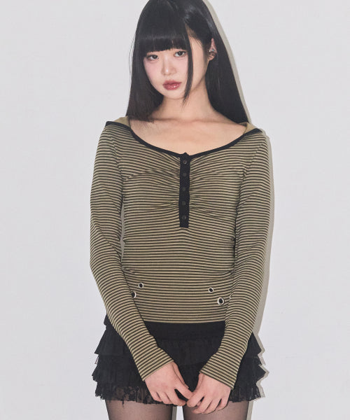레이어 스트라이프 후드 카키